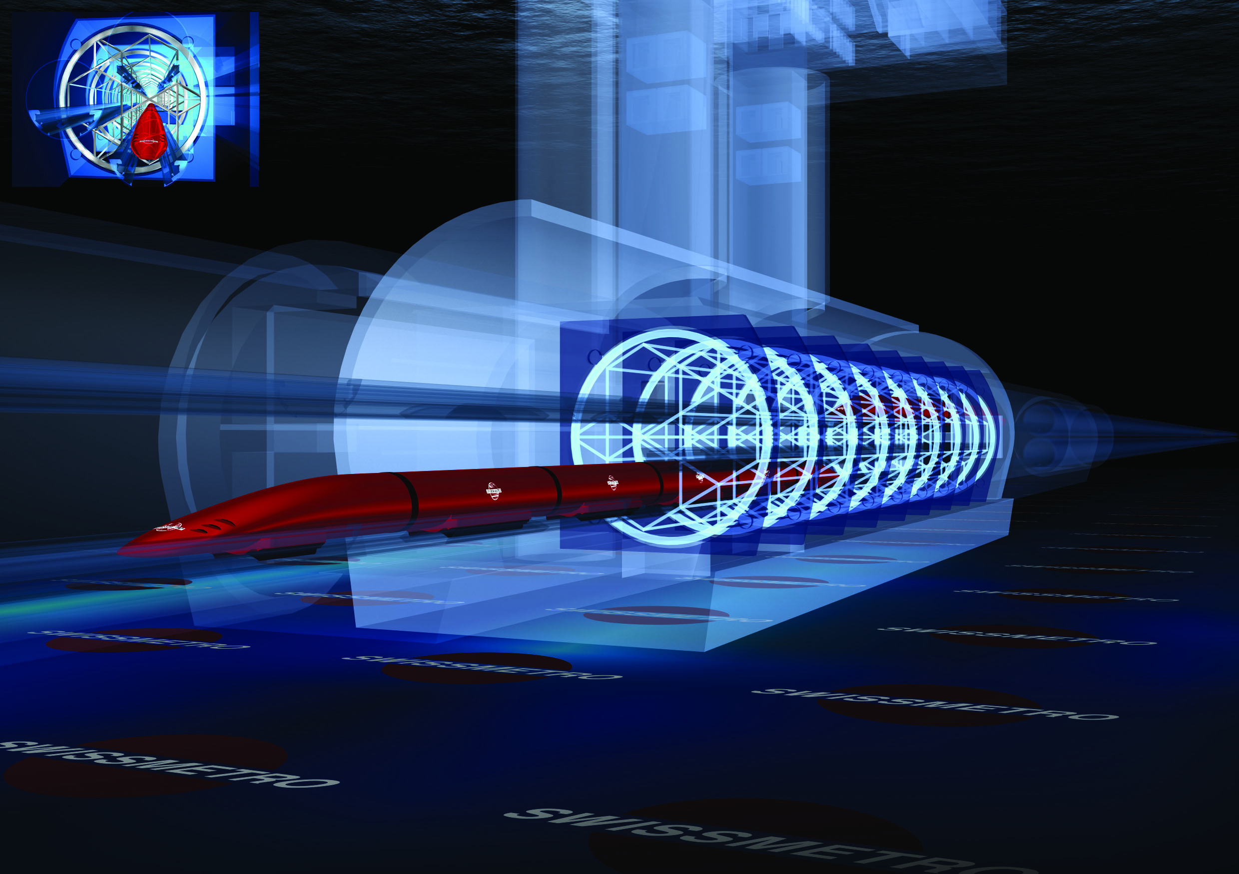 Swissmetro/Eurometro vehicle in a station with its rotary barrel system